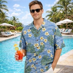 Jamaica Jaxx‎ Mens XXL Blue Silk Tropical Monstera Plumeria Hawaiian Camp Shirt